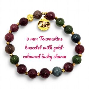 8 mm Tourmaline bracelet with gold colour plated lucky charm